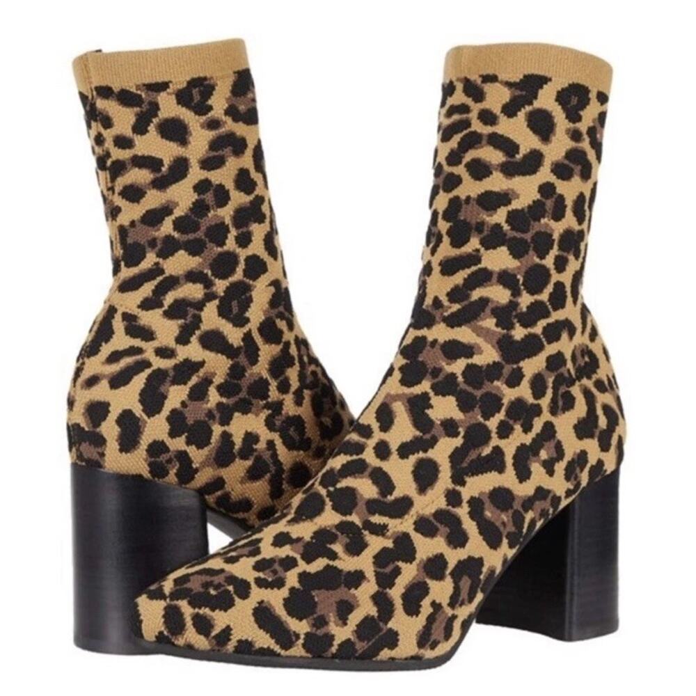 Blondo Sassy Leopard Waterproof Sz 8.5 Sock Booties Heeled Boots Pointed Toe EUC